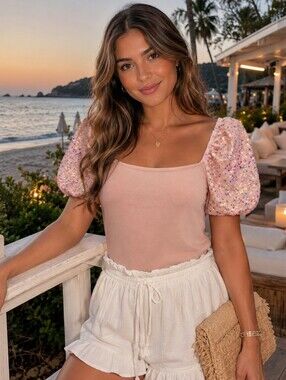 NWT Grace + Emma Pink Sequin Puff Sleeve Party Top Size L